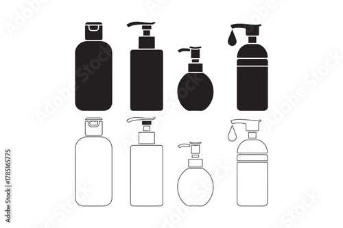 Collection of shampoo and soap dispenser bottle icons, solid and outline styles