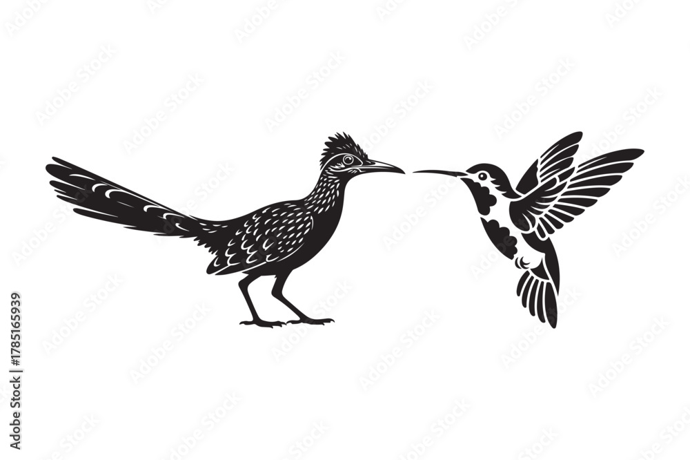 Obraz premium Roadrunner and hummingbird detailed black silhouette vector graphic design