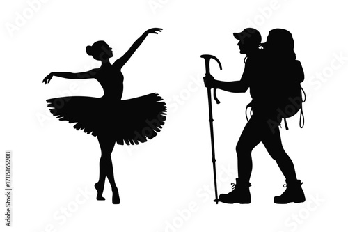Ballerina and hiker silhouettes side by side, contrasting active lifestyles