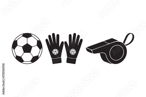 Soccer game equipment: ball, goalkeeper gloves, and referee whistle icon set