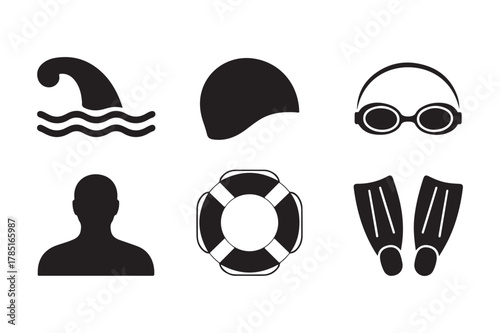 Swimming and water safety icons set - fin, cap, goggles, swimmer, buoy, fins
