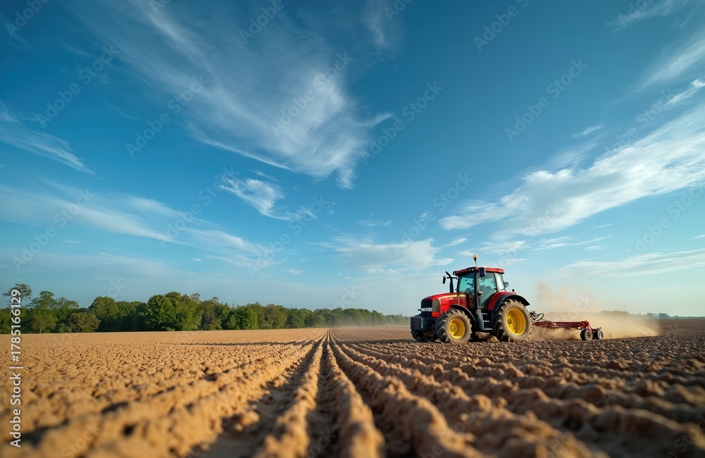 Obraz premium Red farm tractor cultivates brown field under blue sky. Machine prepares soil for planting crops. Dust rises from tillage work in rural landscape. Farmer manages agribusiness operation for food