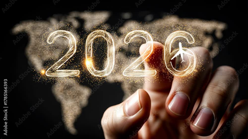 A hand points at the year 2026, formed by sparkling lights, with a world map in the background. The scene conveys themes of travel and future aspirations.