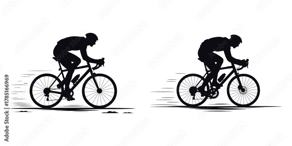 Obraz premium Cyclist Riding in Winter Vector Illustration Set – Biker Silhouette, Cold Weather Sport, Outdoor Cycling Adventure, Fitness Training, Mountain Bike and Endurance Sports Design Art