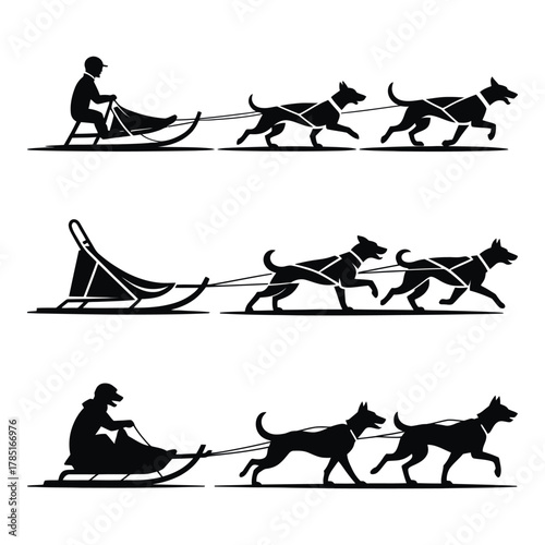 Dog Sledding Vector Illustration Set – Winter Sport Silhouette, Husky Team and Sled Rider, Arctic Adventure, Cold Weather Travel, Outdoor Expedition and Snow Exploration Design Art