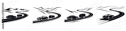 Winter Road Trip Vector Illustration Set – Car on Snowy Mountain Highway, Adventure Travel, Cold Weather Journey, Holiday Vacation Drive, and Scenic Outdoor Exploration Design Art