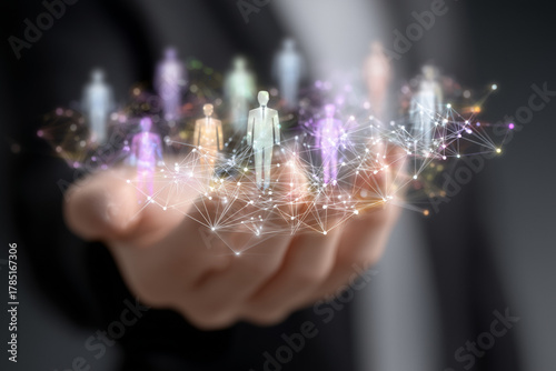 Hand holding digital network of customer profiles and business connections in modern marketing environment