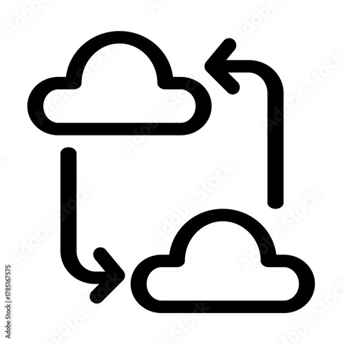 This icon visually represents the seamless transfer of data between two cloud servers- ideal for illustrating cloud synchronization or data migration processes. It's perfect for tech-related.