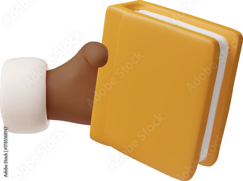 A 3D human hand with dark skin holding a book and passing it to someone.