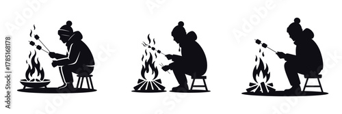 Winter Campfire Cooking Vector Illustration Set – Person Roasting Marshmallows Silhouette, Outdoor Cold Weather Relaxation, Holiday Camping, and Cozy Wilderness Adventure Design Art