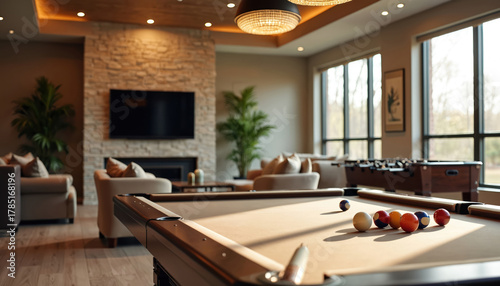 Comfortable living room with pool table and foosball table. Spacious lounge area offers fireplace, seating, and large windows overlooking nature. Modern relaxation space for games and socializing.