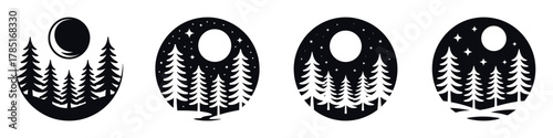 Winter Night Forest Vector Illustration Set – Snowy Pine Trees Silhouette with Moon and Stars, Cold Season Landscape, Peaceful Nature Scene, and Frozen Night Wilderness Design Art