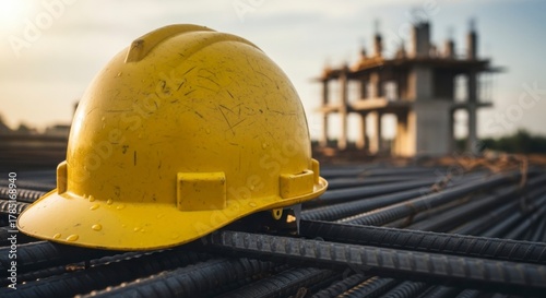 Construction Safety: A yellow hard hat rests prominently amidst the rebar of a construction site, with a building framework in the blurred background, symbolizes safety, hard work, and progress.