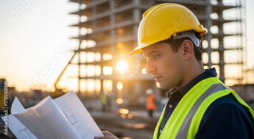 Architect on Site: An architect, clad in a safety vest and helmet, reviews blueprints at a construction site against a backdrop of a rising sun, embodying determination and construction ambition.