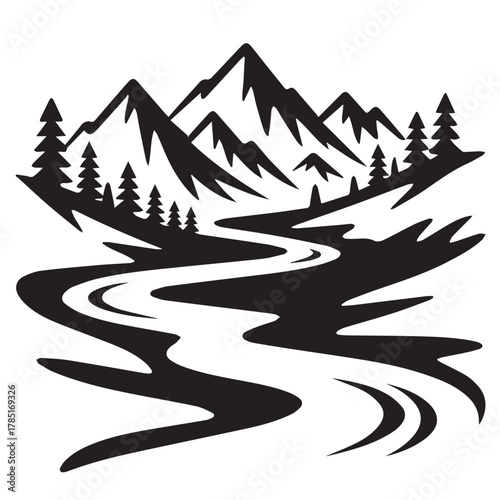 Winding river flowing through majestic mountains isolated on white background