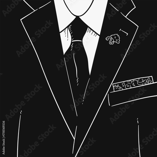 Minimalist Line art Suit Illustration with Tie and Handkerchief Formal Attire