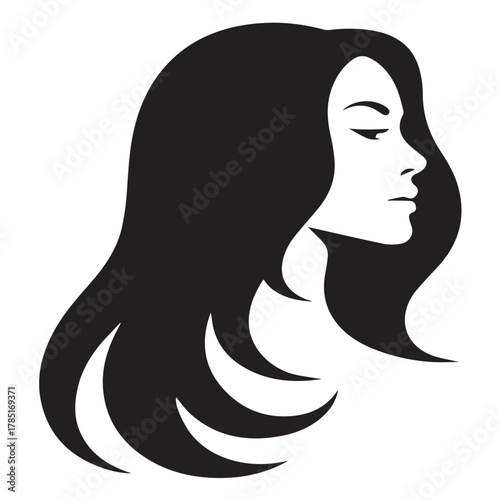 Silhouette of a woman with long hair isolated on white background