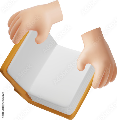 3D hands holding an open book with a yellow cover and blank pages.
