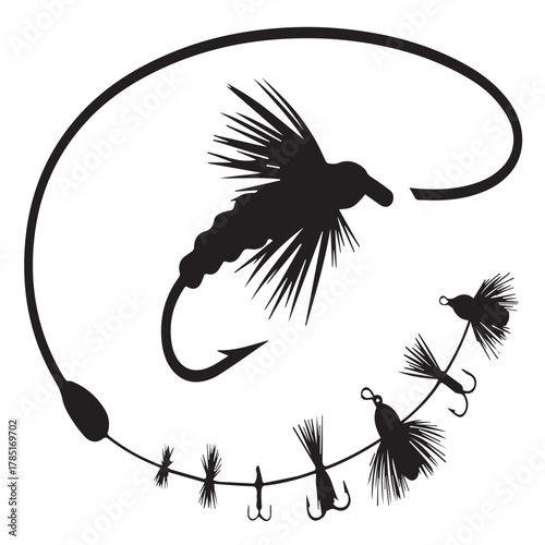 Silhouette of fishing lures on a line isolated on white background