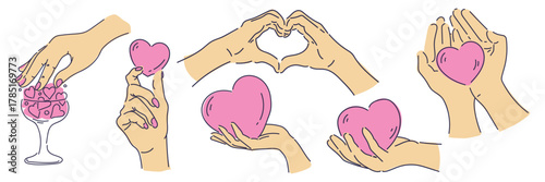 Hand gestures with a heart. Red heart in hands, poses showing and holding a heart in the shape of love. Vector sketch stickers as a symbol of friendship, Valentine's Day, romance and health.