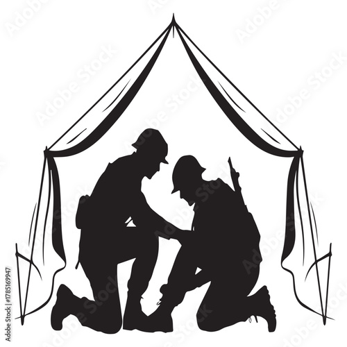 Silhouette of soldiers in a tent isolated on white background