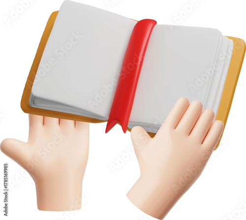 3D human hands holding an open book with a red bookmark, yellow cover, and blank pages.