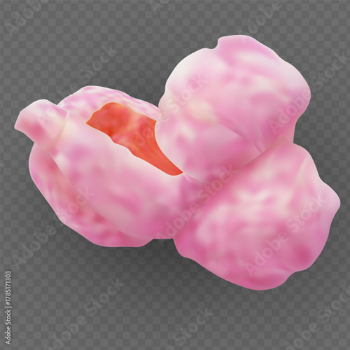 Pink popcorn icon, sweet berry flavor, snack, entertainment, cinema.