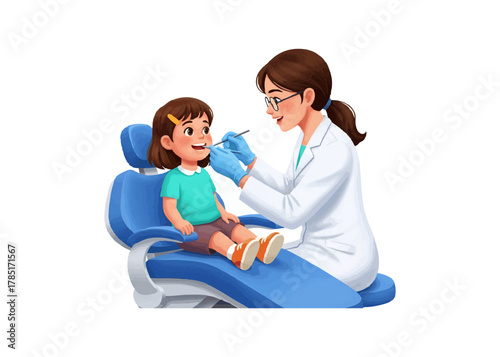 Cartoon of a dentist examining a child's teeth