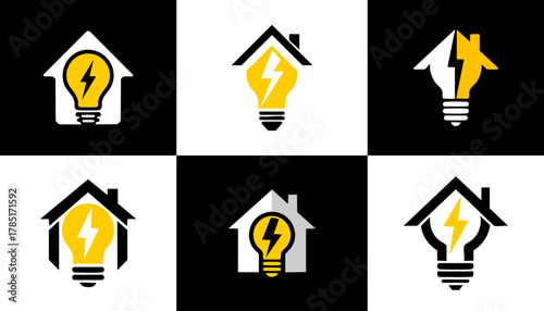 Six logos of houses integrated with lightbulbs and lightning bolts in different styles and layouts
