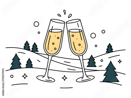 Two glasses of champagne clinking in a festive winter landscape.