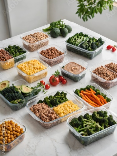 Flat lay of vegan meal prep containers