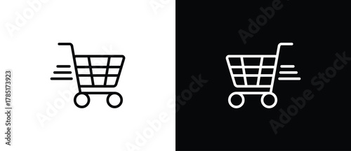 Fast shopping cart icon. Web store shopping cart icon. Shop and sale icon, black and white vector illustration. Editable stroke.