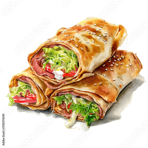 Peking Duck Rolls in watercolor style, vector illustration, isolated on white background.