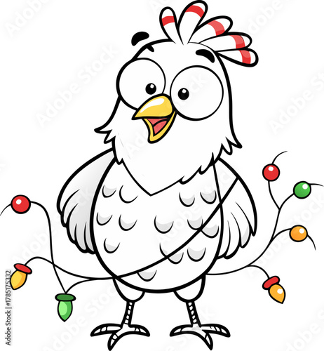  Funny hen tangled in Christmas lights, cute cartoon vector , Vector line art icon, Black And White  white background
