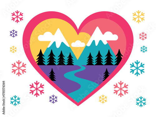 A stylized heart shape frames a picturesque winter mountain landscape with a flowing river and evergreen trees.