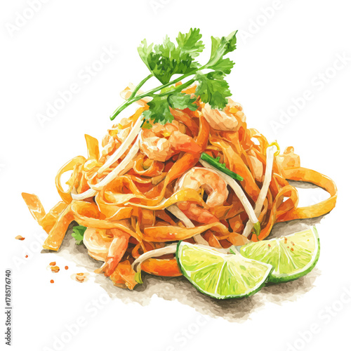 Pad Thai in watercolor style, vector illustration, isolated on white background.