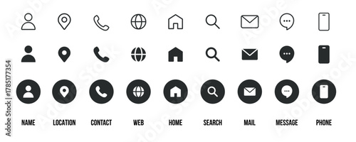 Set contact icon simple line style communication icons. Message, chat, messaging, chatting, phone, talking, location, internet, people, mail, inbox, home icon symbol sign for UI UX website mobile app.