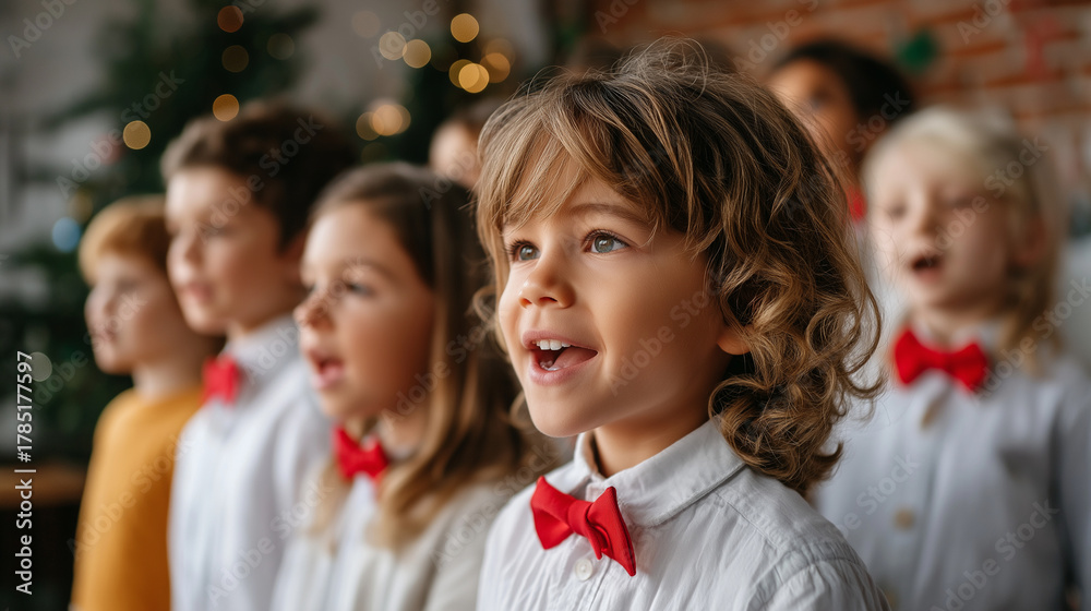 Fototapeta premium Children’s church choir in white shirts and red ties singing, innocence, faith, kids, music education, holiday service, with copy space