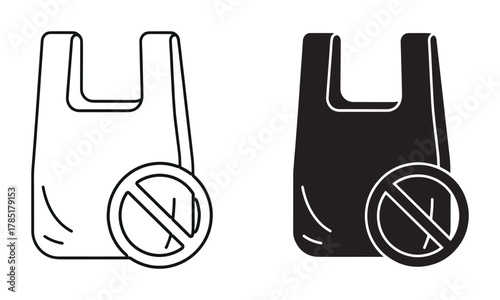 Plastic Bag Ban Icons in Outline and Solid Black Vector