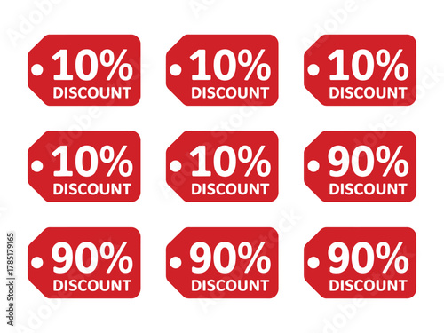 Nine red discount tags showing 10% and 90% off offers