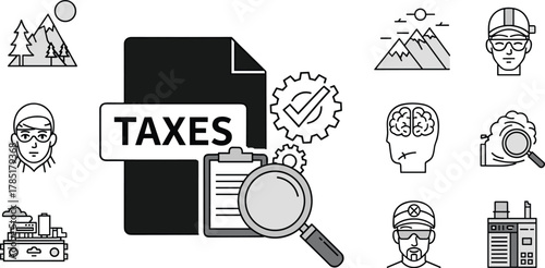 Tax analysis concept, financial review icons, business sector impact, professions and nature symbols, flat vector illustration, economic infographic design