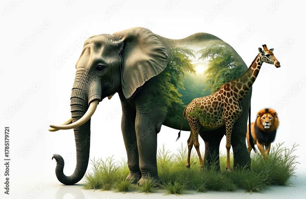 Fototapeta premium Elephant giraffe and lion integrated with jungle forest landscape. Double exposure effect shows wildlife and natural environment conservation concept. Animals stand on grass in bright sunlight.