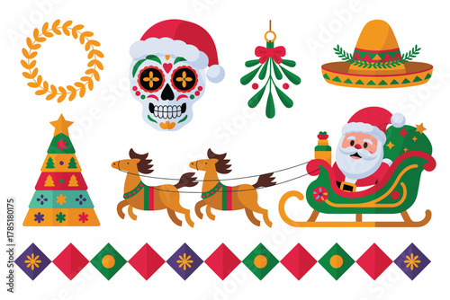 Santa Claus rides in a sleigh pulled by reindeer with festive Mexican-themed Christmas decorations.