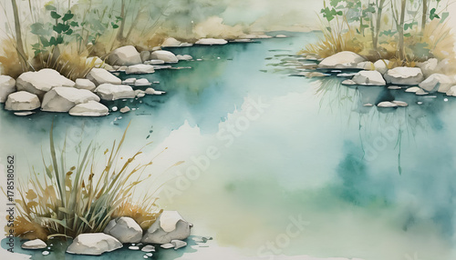 Tranquil watercolor painting of a stream flowing among mossy river rocks