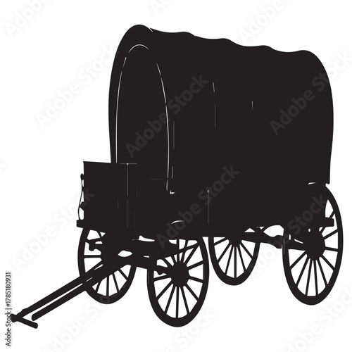 Silhouette of a covered wagon isolated on white background, vintage transport