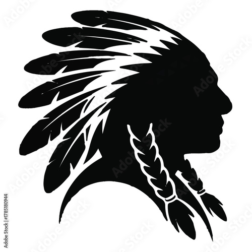 Silhouette of native american chief isolated on white background, profile view