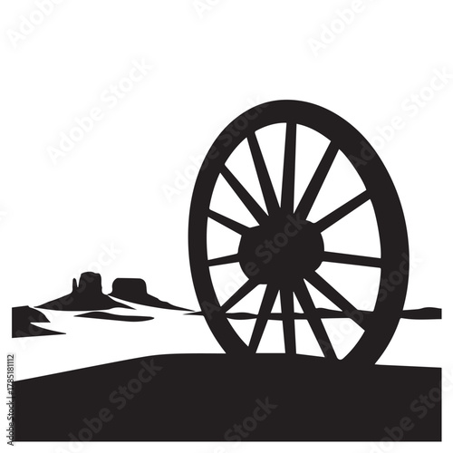 Old wagon wheel in the desert isolated on white background