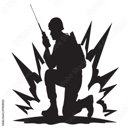 Silhouette of a soldier kneeling with a radio isolated on white background