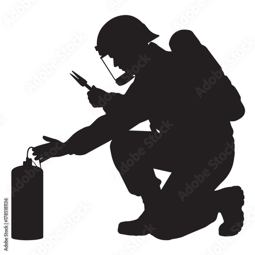 Silhouette of a firefighter with equipment isolated on white background