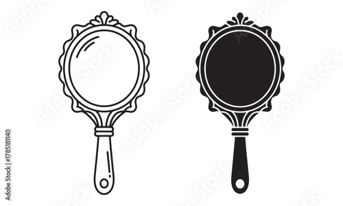 Elegant hand mirror icon. Decorative vintage handheld beauty mirror vector